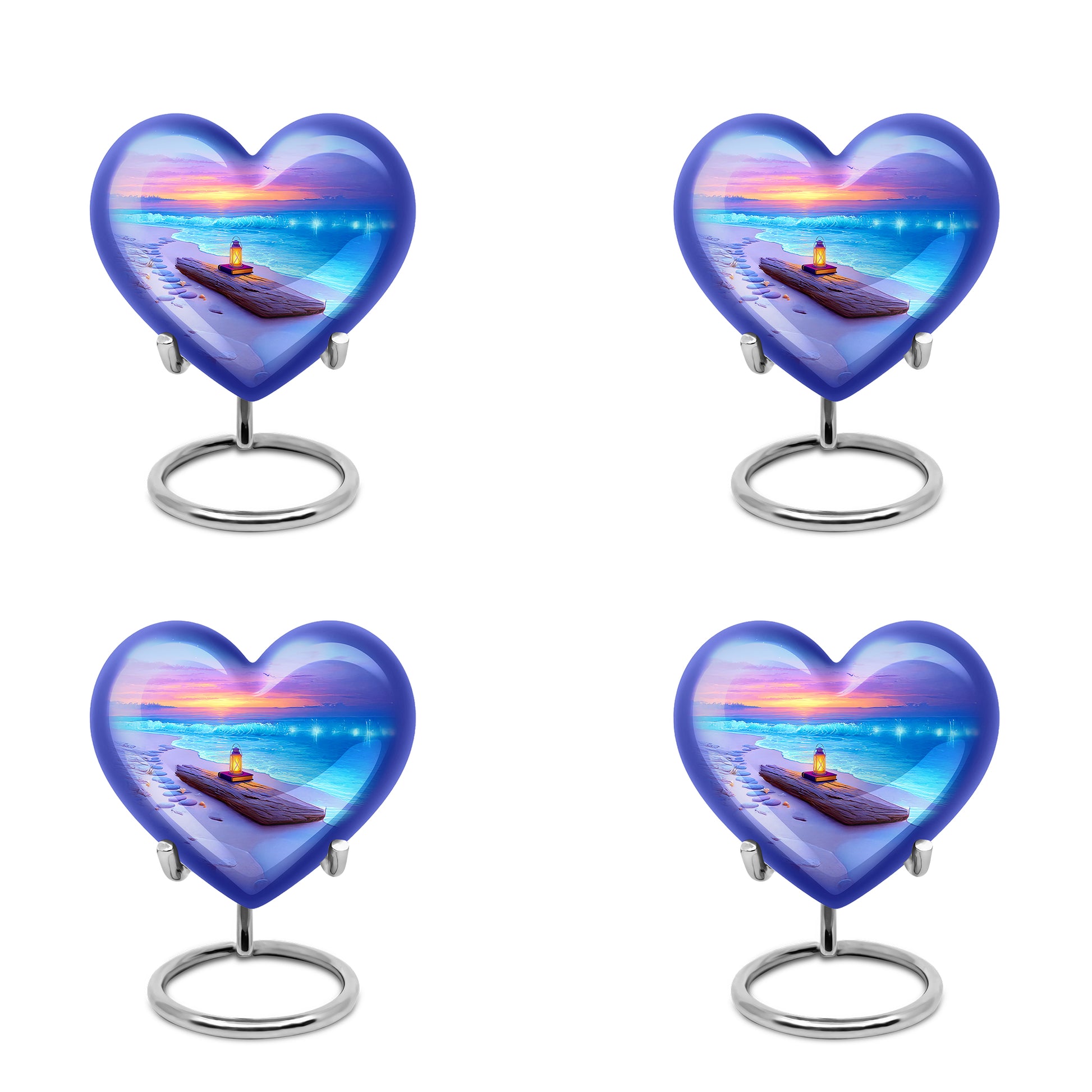 Soft Blue Beach Cremation Urn angled view of lid and engraved motif - compassionate heart-beach combination with gentle curves - 10 inch aluminum urn for cremated remains