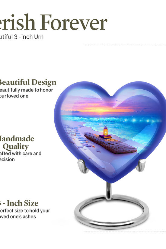 Serene Blue Beach Cremation Urn front view showing detailed design - compassionate heart-beach combination with gentle curves - mini keepsake memorial for portion of cremation ashes
