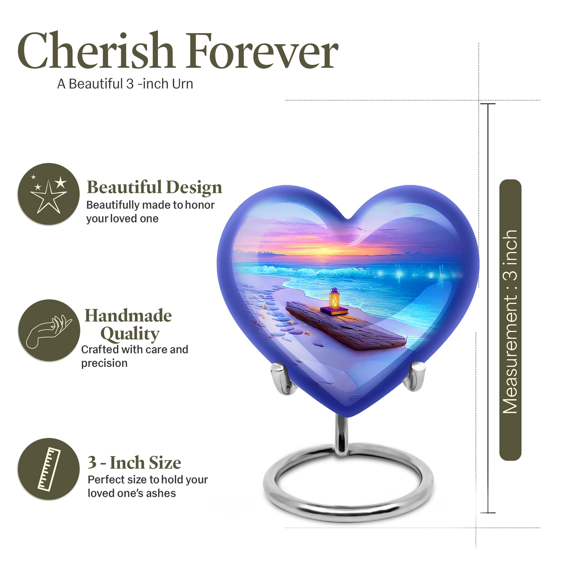 Serene Blue Beach Cremation Urn front view showing detailed design - compassionate heart-beach combination with gentle curves - mini keepsake memorial for portion of cremation ashes