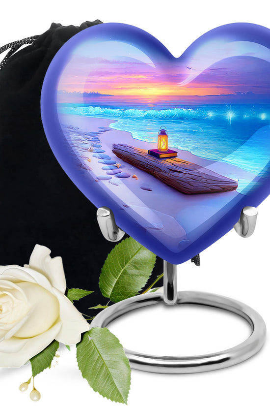 Pastel Blue Beach Cremation Urn detail view - loving heart memorial featuring beach pattern - full-size 10 inch 200 cubic inch adult cremation urn