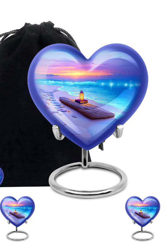 Dusty Blue Beach Cremation Urn close-up of engraving and surface detail - loving heart memorial featuring beach pattern - memorial set with one large and four small urns