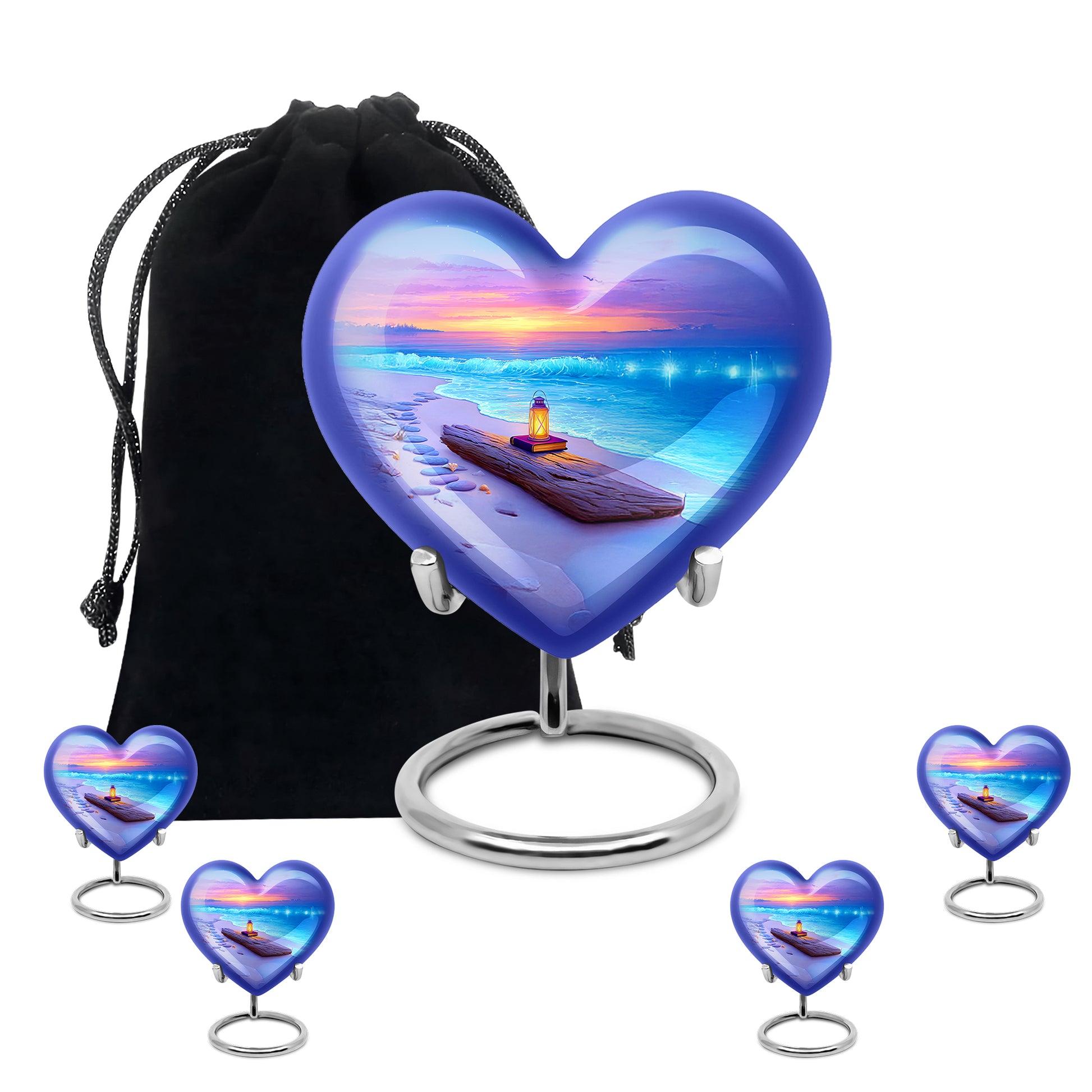 Dusty Blue Beach Cremation Urn close-up of engraving and surface detail - loving heart memorial featuring beach pattern - memorial set with one large and four small urns