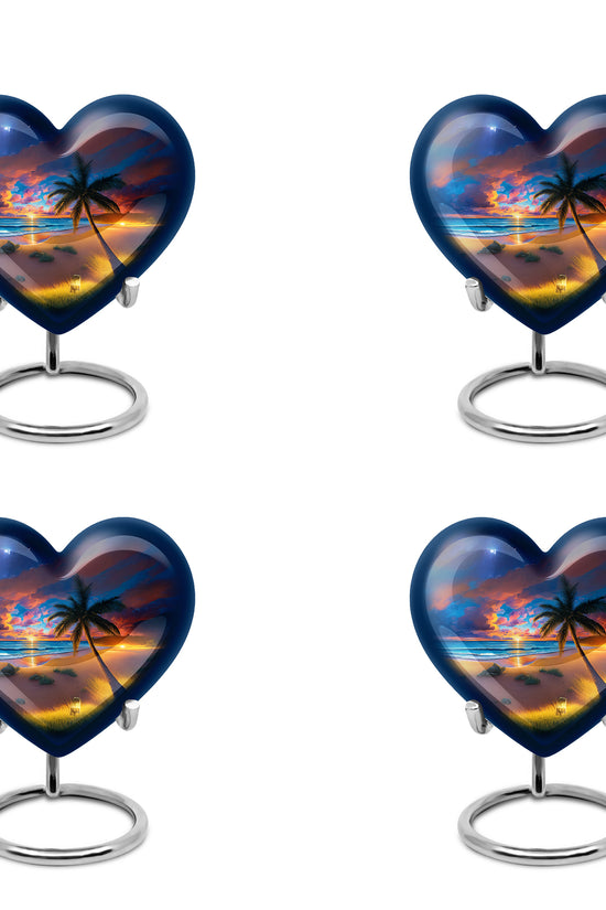 Pastel Blue Beach Cremation Urn angled view of lid and engraved motif - loving heart memorial featuring beach pattern - 10 inch aluminum urn for cremated remains