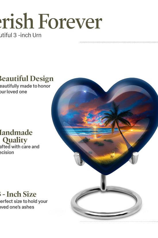Steel Blue Beach Cremation Urn front view showing detailed design - romantic heart urn with beach motif on aluminum - mini keepsake memorial for portion of cremation ashes