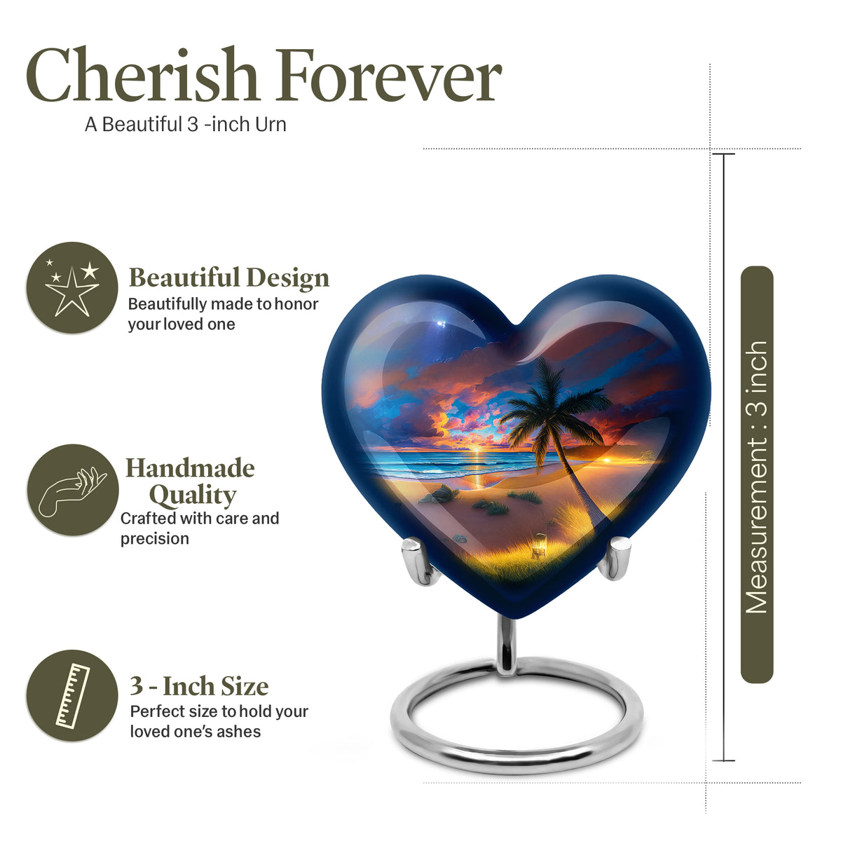 Steel Blue Beach Cremation Urn front view showing detailed design - romantic heart urn with beach motif on aluminum - mini keepsake memorial for portion of cremation ashes
