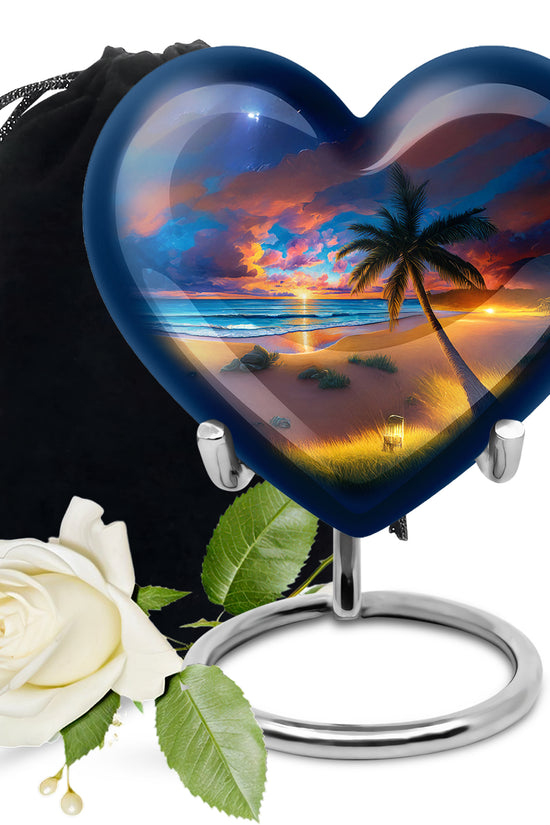 Vivid Blue Beach Cremation Urn detail view - compassionate heart-beach combination with gentle curves - full-size 10 inch 200 cubic inch adult cremation urn