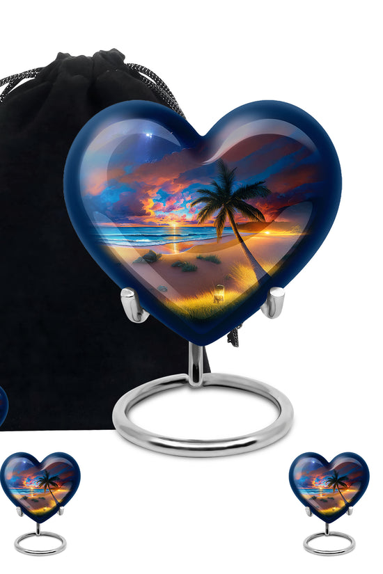 Cobalt Blue Beach Cremation Urn close-up of engraving and surface detail - compassionate heart-beach combination with gentle curves - memorial set with one large and four small urns