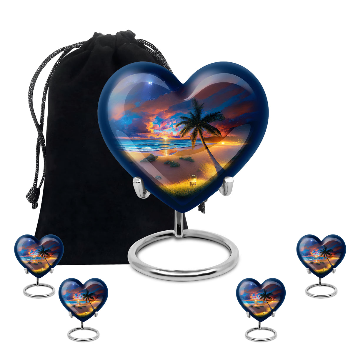 Cobalt Blue Beach Cremation Urn close-up of engraving and surface detail - compassionate heart-beach combination with gentle curves - memorial set with one large and four small urns