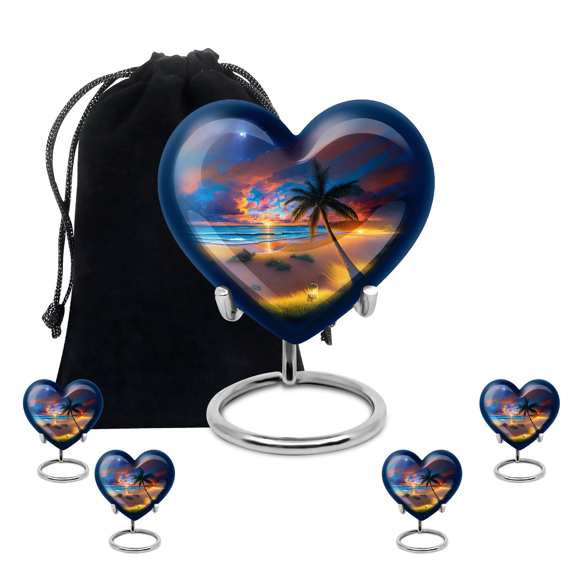 Cobalt Blue Beach Cremation Urn close-up of engraving and surface detail - compassionate heart-beach combination with gentle curves - memorial set with one large and four small urns