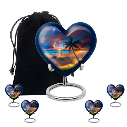 Cobalt Blue Beach Cremation Urn close-up of engraving and surface detail - compassionate heart-beach combination with gentle curves - memorial set with one large and four small urns