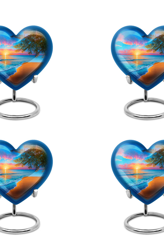 Sapphire Blue Beach Cremation Urn angled view of lid and engraved motif - compassionate heart-beach combination with gentle curves - 10 inch aluminum urn for cremated remains