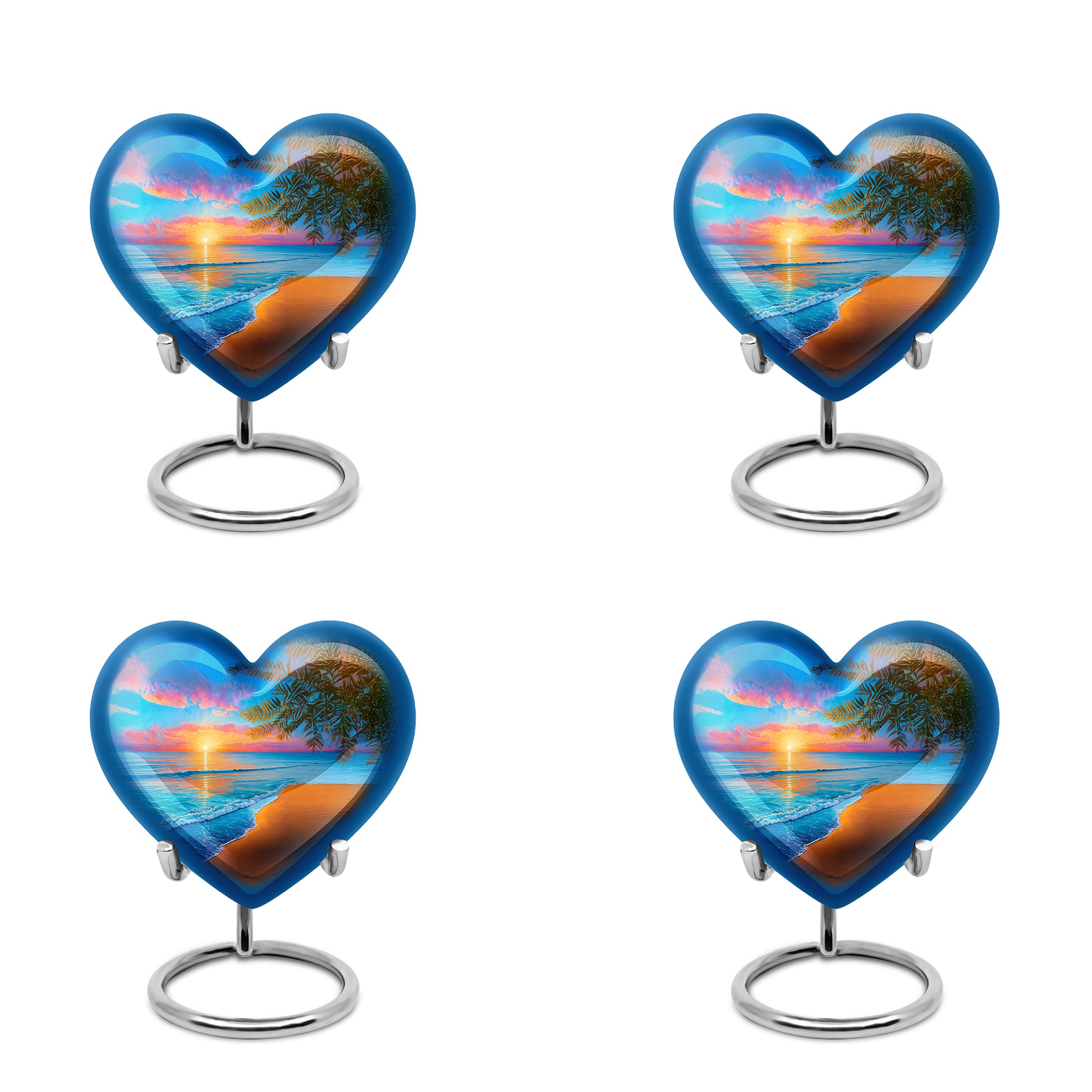 Sapphire Blue Beach Cremation Urn angled view of lid and engraved motif - compassionate heart-beach combination with gentle curves - 10 inch aluminum urn for cremated remains