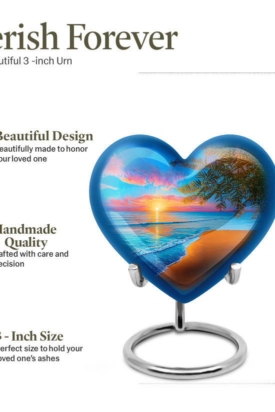 Cobalt Blue Beach Cremation Urn front view showing detailed design - romantic heart urn with beach motif on aluminum - mini keepsake memorial for portion of cremation ashes