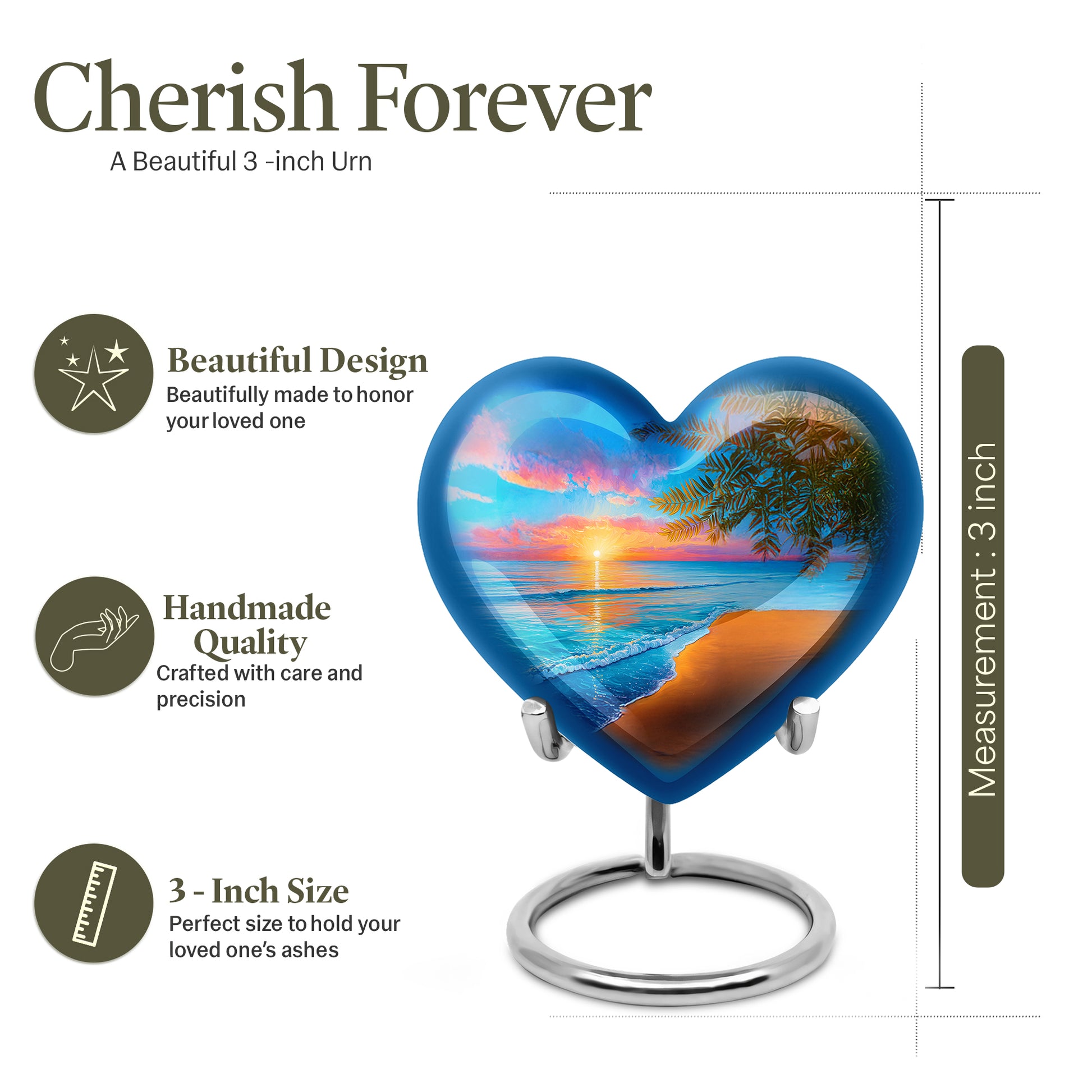 Cobalt Blue Beach Cremation Urn front view showing detailed design - romantic heart urn with beach motif on aluminum - mini keepsake memorial for portion of cremation ashes