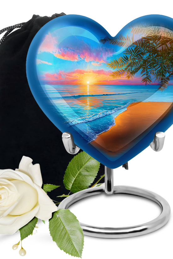 Powder Blue Beach Cremation Urn detail view - heart-shaped beach design symbolizing eternal love - full-size 10 inch 200 cubic inch adult cremation urn