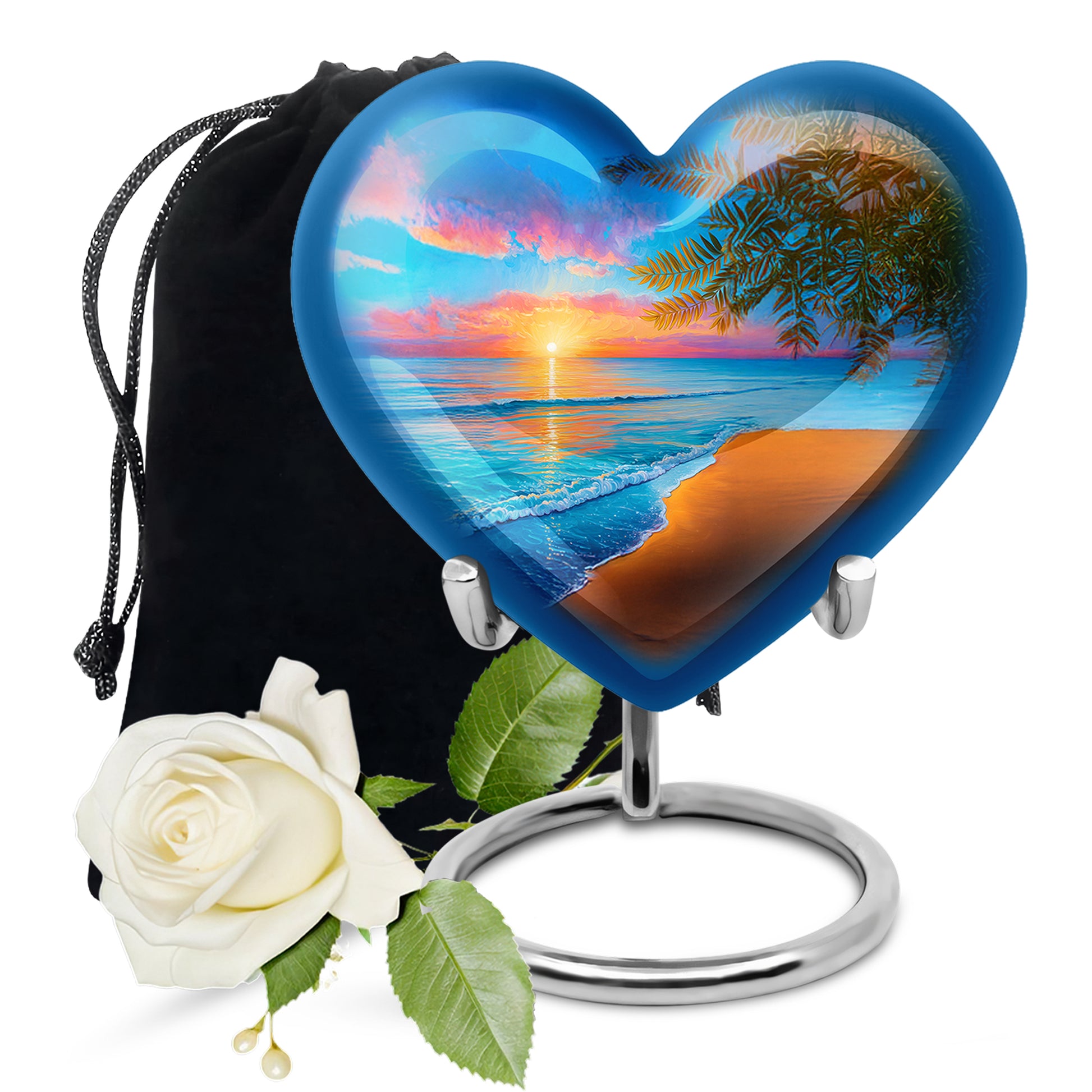 Powder Blue Beach Cremation Urn detail view - heart-shaped beach design symbolizing eternal love - full-size 10 inch 200 cubic inch adult cremation urn
