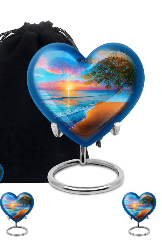 Sapphire Blue Beach Cremation Urn close-up of engraving and surface detail - compassionate heart-beach combination with gentle curves - memorial set with one large and four small urns