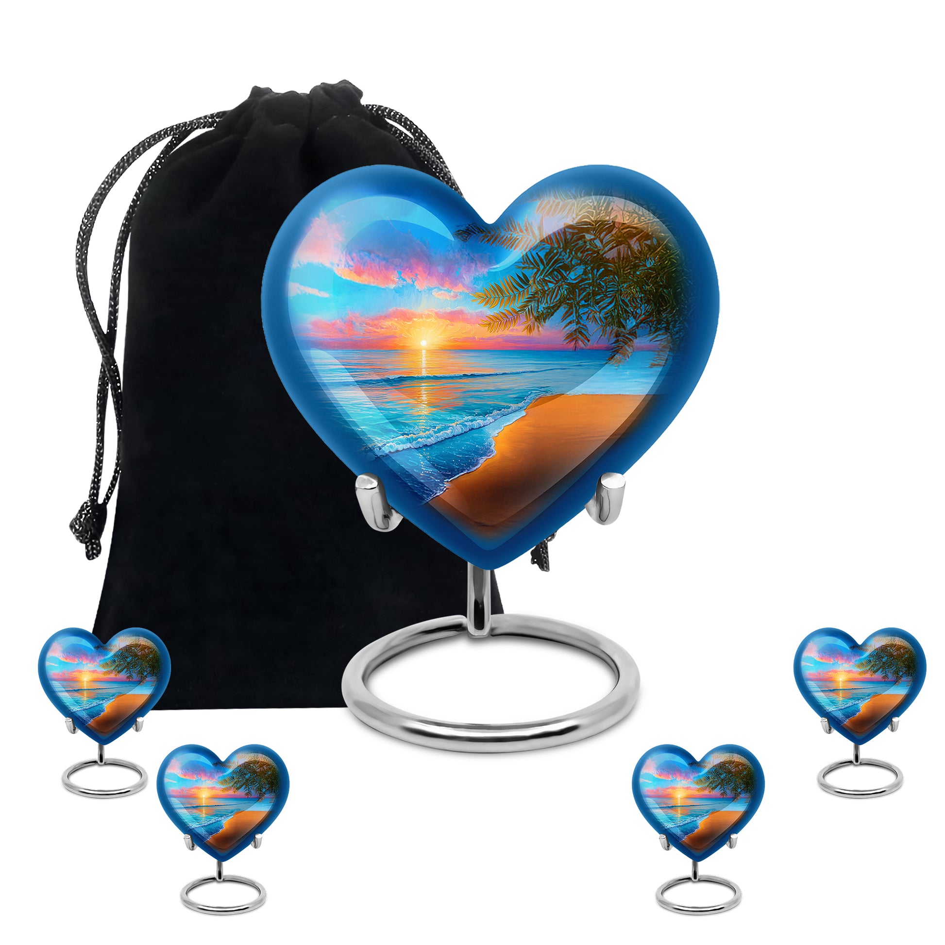 Sapphire Blue Beach Cremation Urn close-up of engraving and surface detail - compassionate heart-beach combination with gentle curves - memorial set with one large and four small urns