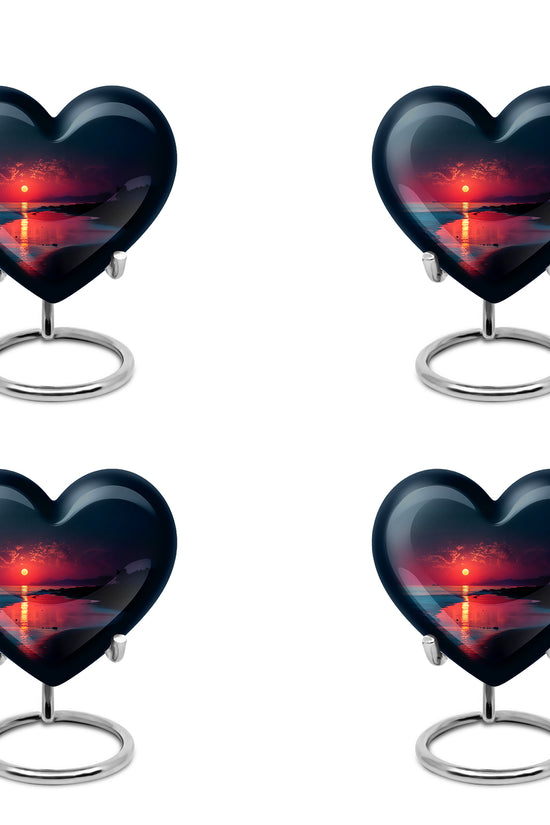 Navy Blue Beach Cremation Urn angled view of lid and engraved motif - heart-shaped beach design symbolizing eternal love - 10 inch aluminum urn for cremated remains