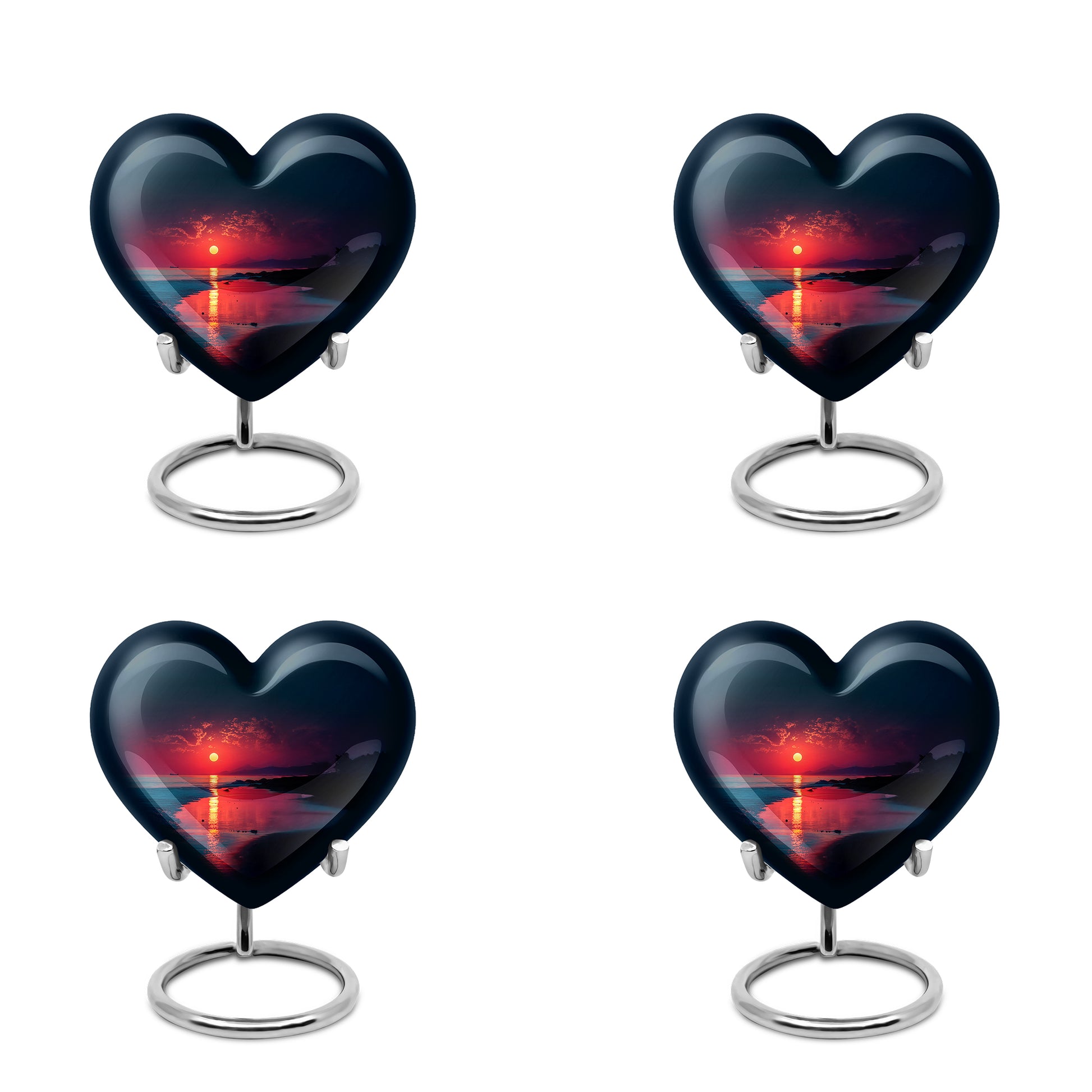 Navy Blue Beach Cremation Urn angled view of lid and engraved motif - heart-shaped beach design symbolizing eternal love - 10 inch aluminum urn for cremated remains
