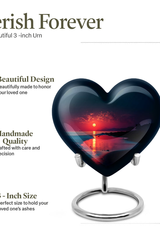 Calming Blue Beach Cremation Urn front view showing detailed design - romantic heart urn with beach motif on aluminum - mini keepsake memorial for portion of cremation ashes