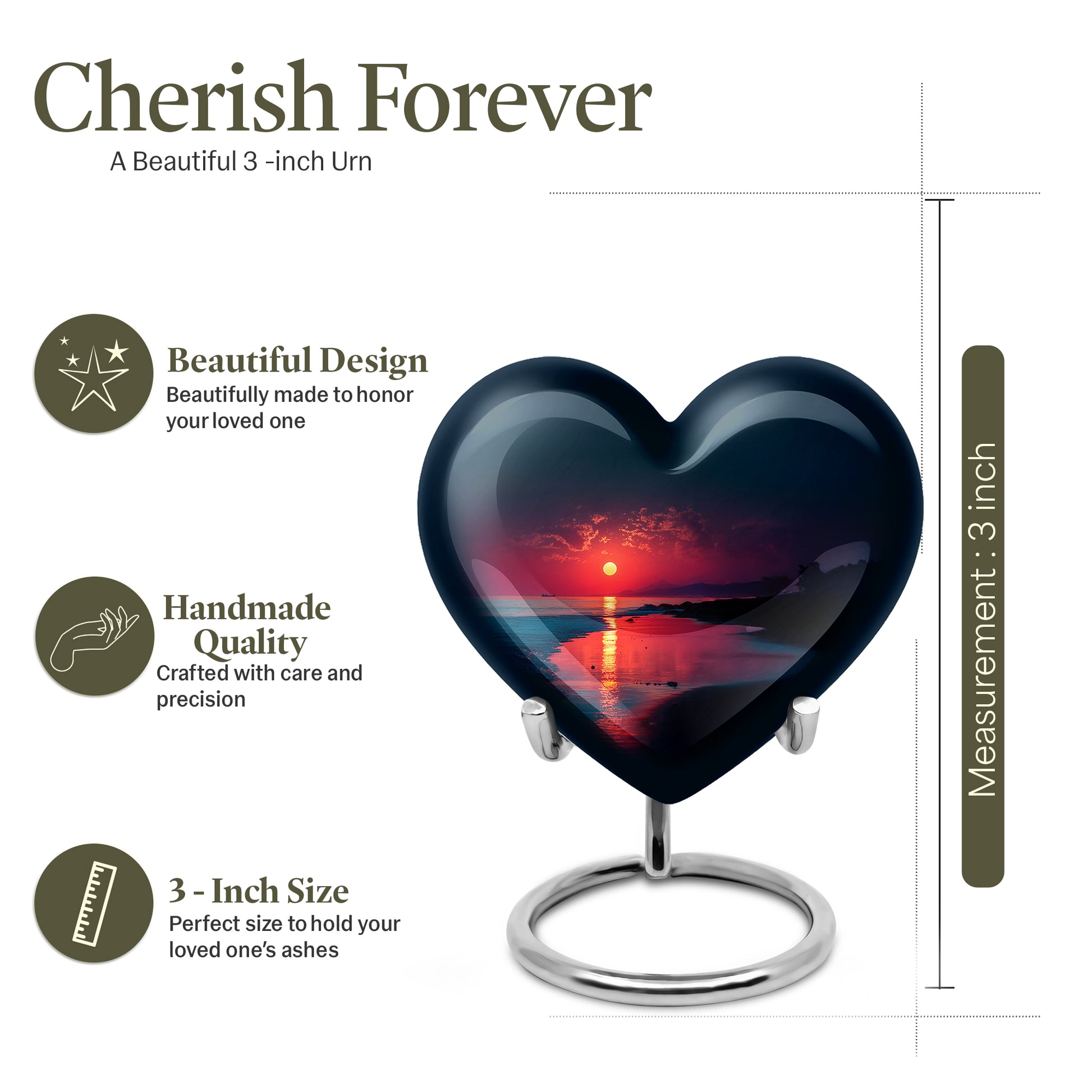 Calming Blue Beach Cremation Urn front view showing detailed design - romantic heart urn with beach motif on aluminum - mini keepsake memorial for portion of cremation ashes