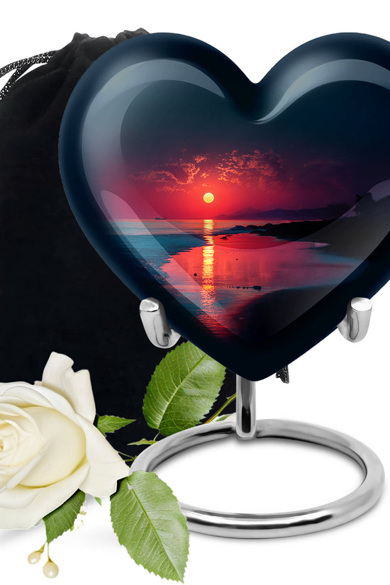 Dusty Blue Beach Cremation Urn detail view - loving heart memorial featuring beach pattern - full-size 10 inch 200 cubic inch adult cremation urn