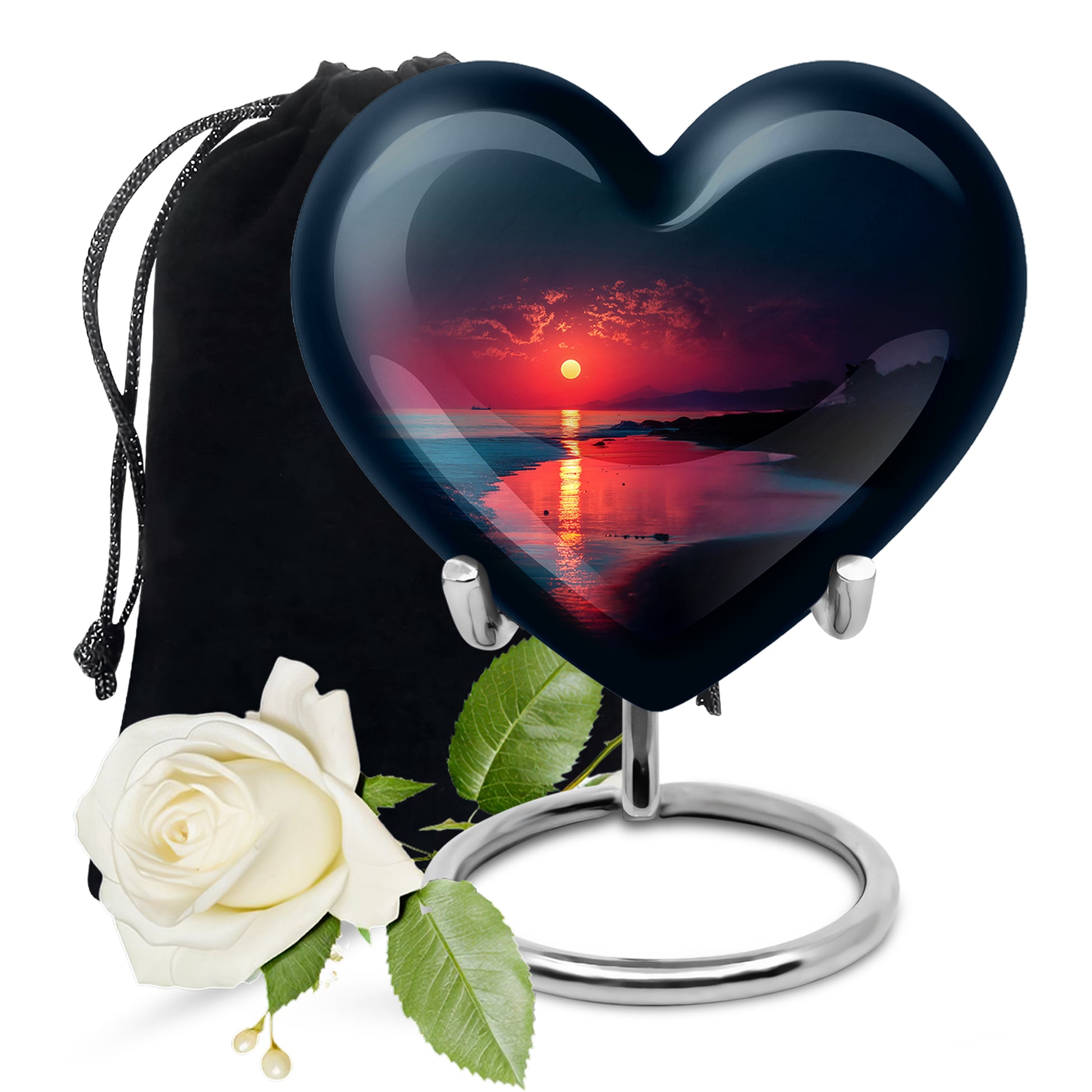 Dusty Blue Beach Cremation Urn detail view - loving heart memorial featuring beach pattern - full-size 10 inch 200 cubic inch adult cremation urn
