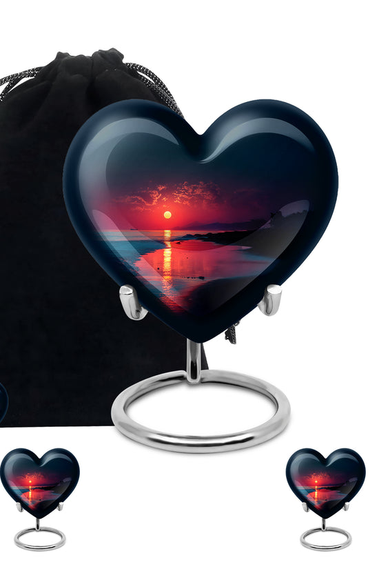 Vivid Blue Beach Cremation Urn close-up of engraving and surface detail - romantic heart urn with beach motif on aluminum - memorial set with one large and four small urns