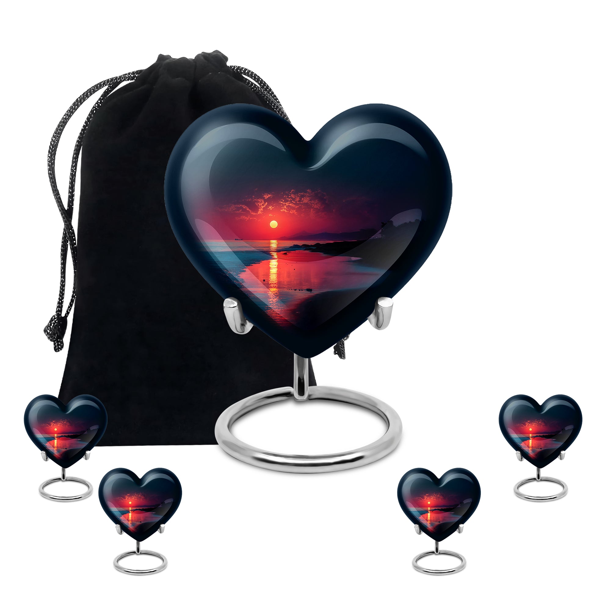 Vivid Blue Beach Cremation Urn close-up of engraving and surface detail - romantic heart urn with beach motif on aluminum - memorial set with one large and four small urns