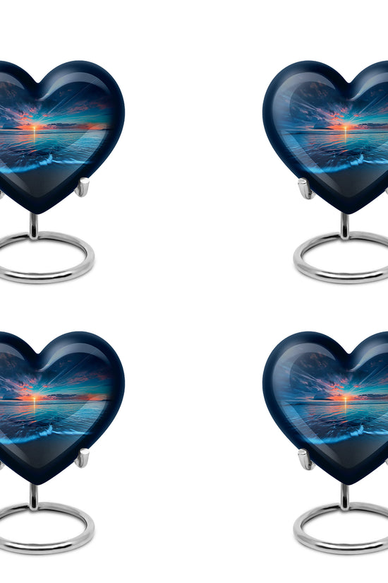 Icy Blue Beach Cremation Urn angled view of lid and engraved motif - heart-shaped beach design symbolizing eternal love - 10 inch aluminum urn for cremated remains