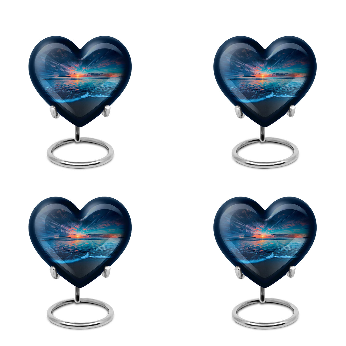 Icy Blue Beach Cremation Urn angled view of lid and engraved motif - heart-shaped beach design symbolizing eternal love - 10 inch aluminum urn for cremated remains