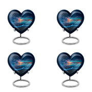 Icy Blue Beach Cremation Urn angled view of lid and engraved motif - heart-shaped beach design symbolizing eternal love - 10 inch aluminum urn for cremated remains