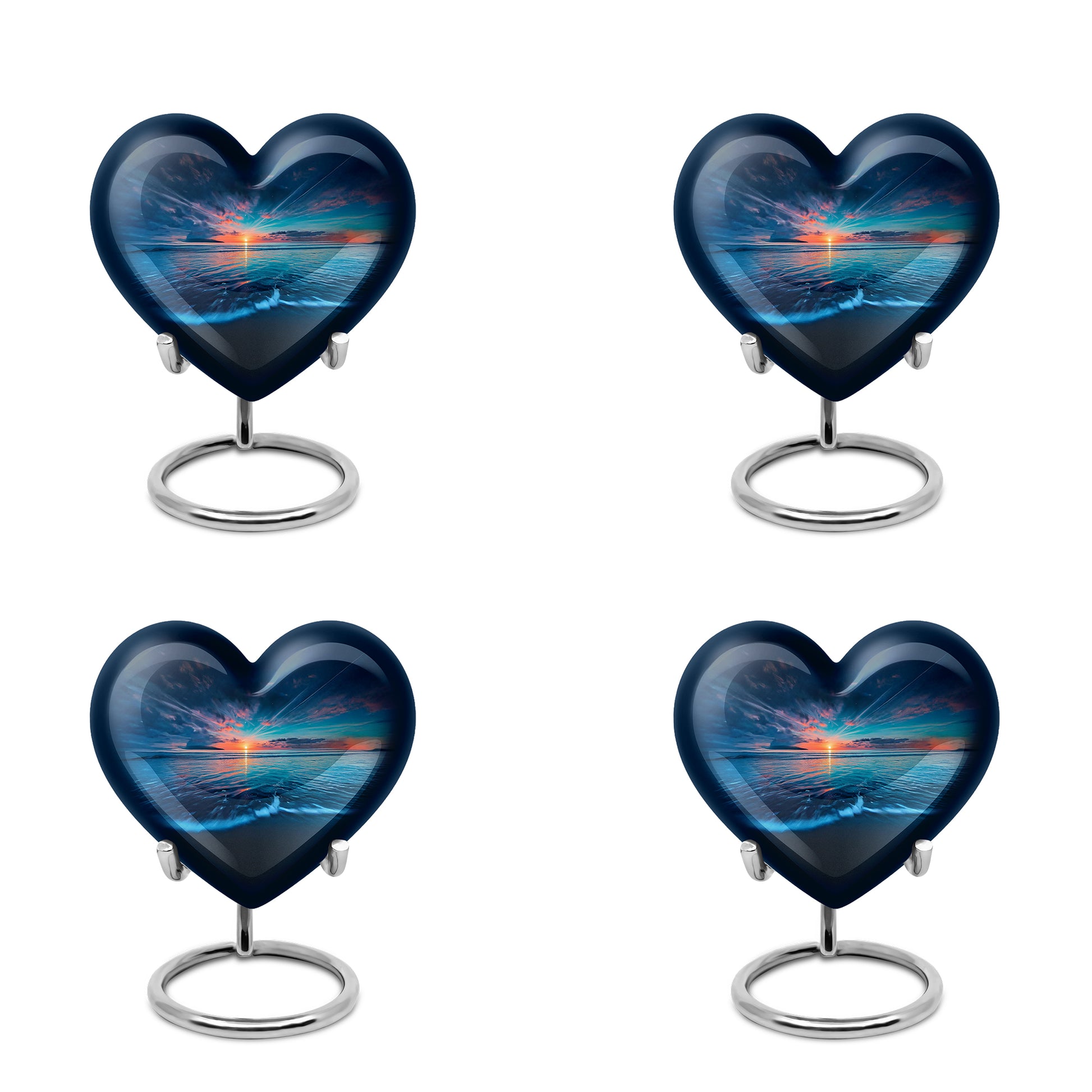 Icy Blue Beach Cremation Urn angled view of lid and engraved motif - heart-shaped beach design symbolizing eternal love - 10 inch aluminum urn for cremated remains