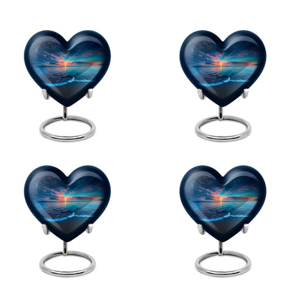Icy Blue Beach Cremation Urn angled view of lid and engraved motif - heart-shaped beach design symbolizing eternal love - 10 inch aluminum urn for cremated remains