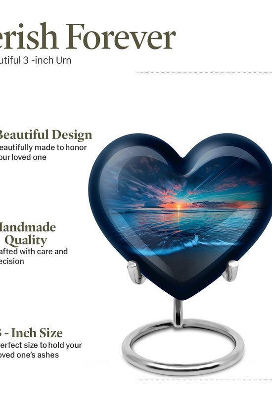 Azure Beach Cremation Urn front view showing detailed design - loving heart memorial featuring beach pattern - mini keepsake memorial for portion of cremation ashes