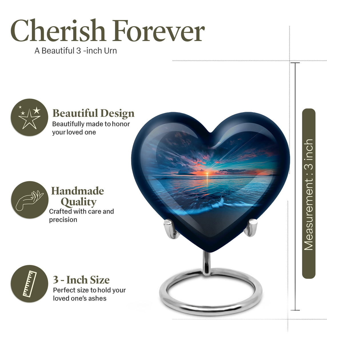 Azure Beach Cremation Urn front view showing detailed design - loving heart memorial featuring beach pattern - mini keepsake memorial for portion of cremation ashes