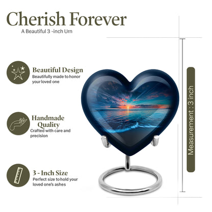 Azure Beach Cremation Urn front view showing detailed design - loving heart memorial featuring beach pattern - mini keepsake memorial for portion of cremation ashes