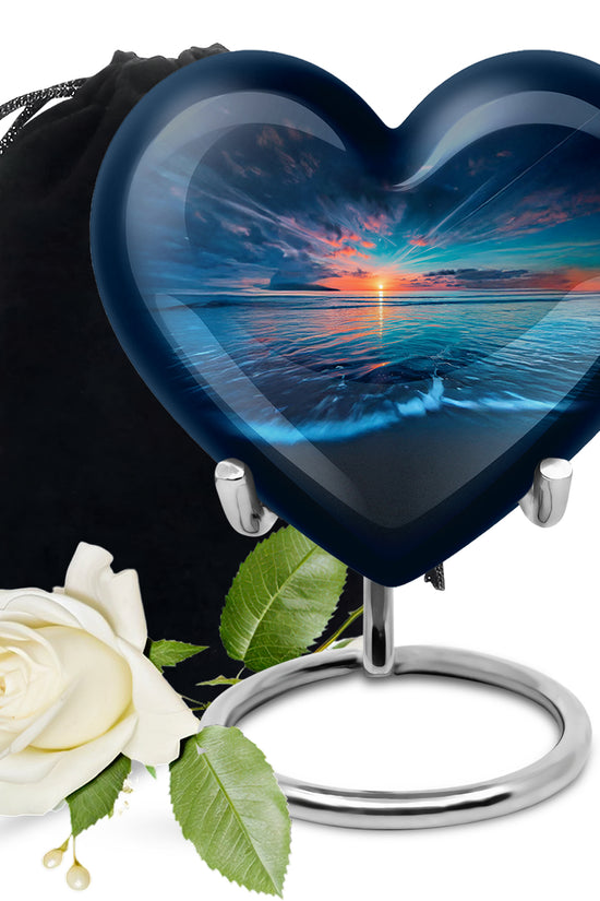 Sky Blue Beach Cremation Urn detail view - heart-shaped beach design symbolizing eternal love - full-size 10 inch 200 cubic inch adult cremation urn