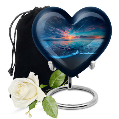 Sky Blue Beach Cremation Urn detail view - heart-shaped beach design symbolizing eternal love - full-size 10 inch 200 cubic inch adult cremation urn