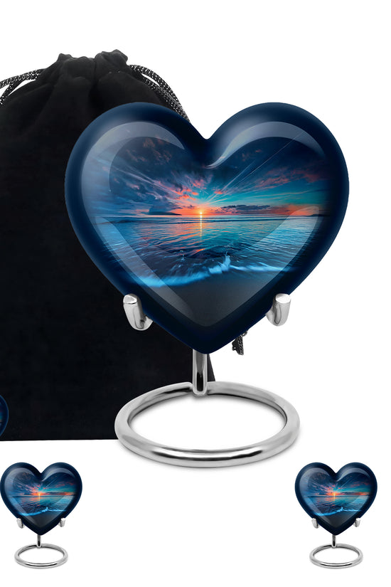 Navy Blue Beach Cremation Urn close-up of engraving and surface detail - heart-shaped beach design symbolizing eternal love - memorial set with one large and four small urns