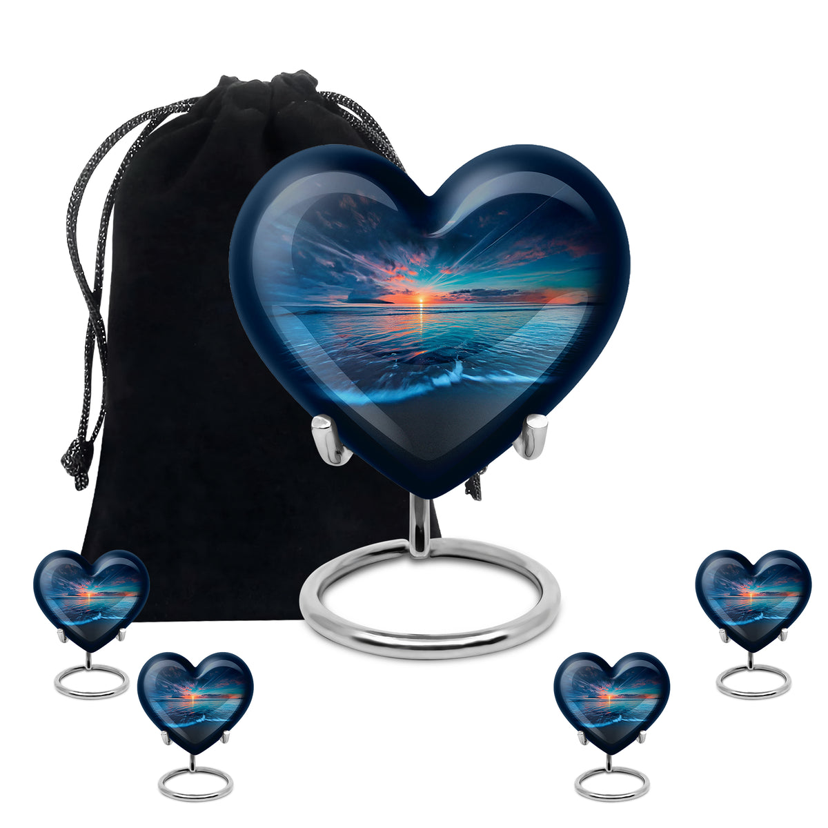 Navy Blue Beach Cremation Urn close-up of engraving and surface detail - heart-shaped beach design symbolizing eternal love - memorial set with one large and four small urns