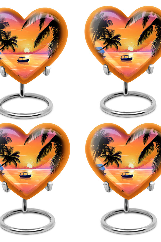 Blush Pink Beach Cremation Urn angled view of lid and engraved motif - loving heart memorial featuring beach pattern - 10 inch aluminum urn for cremated remains
