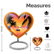 Petal Pink Beach Cremation Urn front view showing detailed design - romantic heart urn with beach motif on aluminum - mini keepsake memorial for portion of cremation ashes