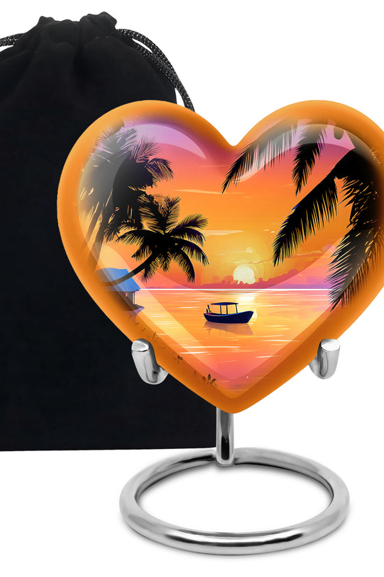 Petal Pink Beach Cremation Urn detail view - romantic heart urn with beach motif on aluminum - full-size 10 inch 200 cubic inch adult cremation urn