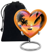 Petal Pink Beach Cremation Urn detail view - romantic heart urn with beach motif on aluminum - full-size 10 inch 200 cubic inch adult cremation urn