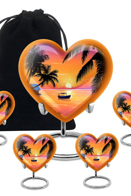 Soft Pink Beach Cremation Urn close-up of engraving and surface detail - romantic heart urn with beach motif on aluminum - memorial set with one large and four small urns