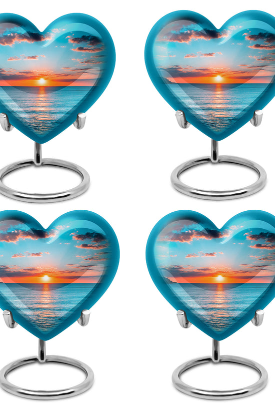 Vivid Teal Beach Cremation Urn angled view of lid and engraved motif - romantic heart urn with beach motif on aluminum - 10 inch aluminum urn for cremated remains