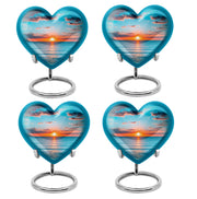 Vivid Teal Beach Cremation Urn angled view of lid and engraved motif - romantic heart urn with beach motif on aluminum - 10 inch aluminum urn for cremated remains