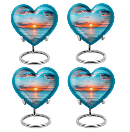 Vivid Teal Beach Cremation Urn angled view of lid and engraved motif - romantic heart urn with beach motif on aluminum - 10 inch aluminum urn for cremated remains
